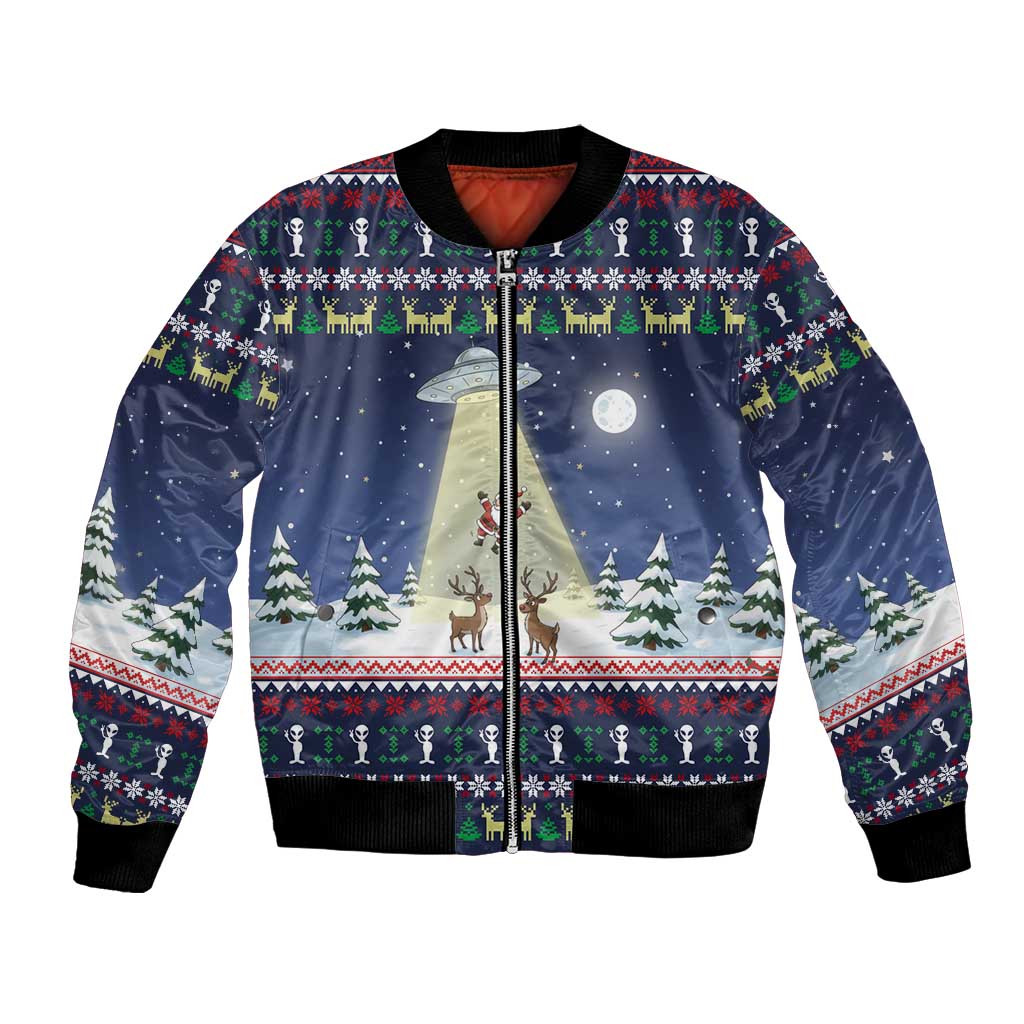 Christmas Alien Pattern with UFO Abduction of Santa Reindeer Snowy Forest Bomber Jacket Xmas Holiday Patterns - Wonder Print Shop