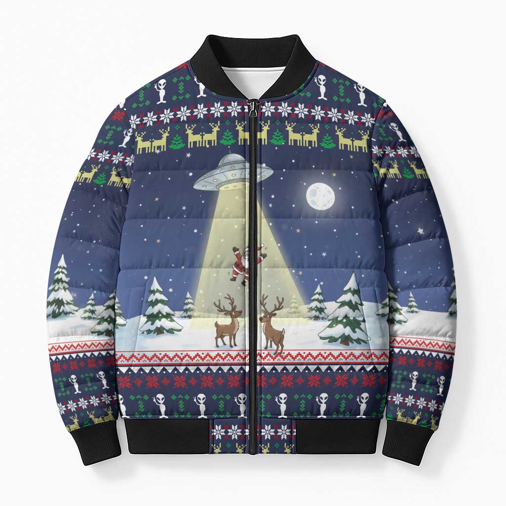 Christmas Alien Pattern with UFO Abduction of Santa Reindeer Snowy Forest Bomber Puffer Jacket Xmas Holiday Patterns - Wonder Print Shop