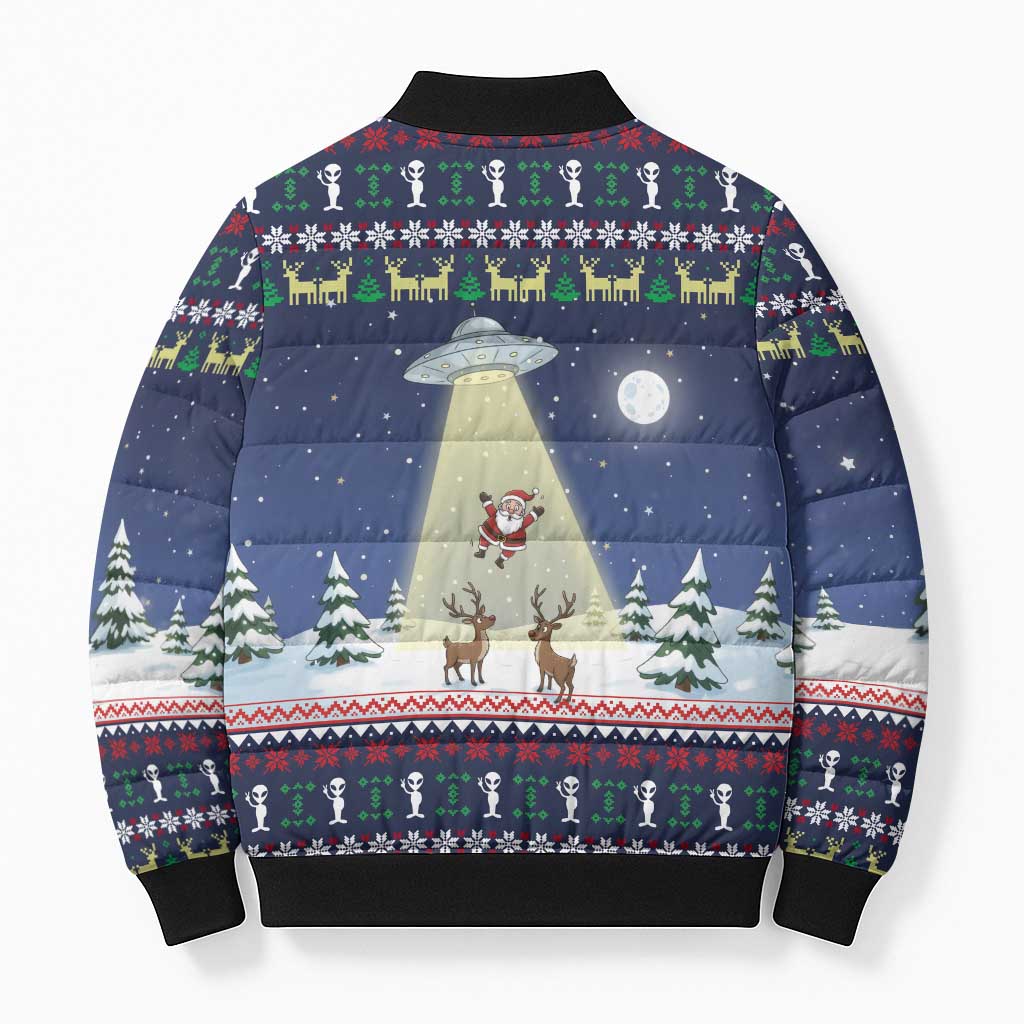 Christmas Alien Pattern with UFO Abduction of Santa Reindeer Snowy Forest Bomber Puffer Jacket Xmas Holiday Patterns - Wonder Print Shop