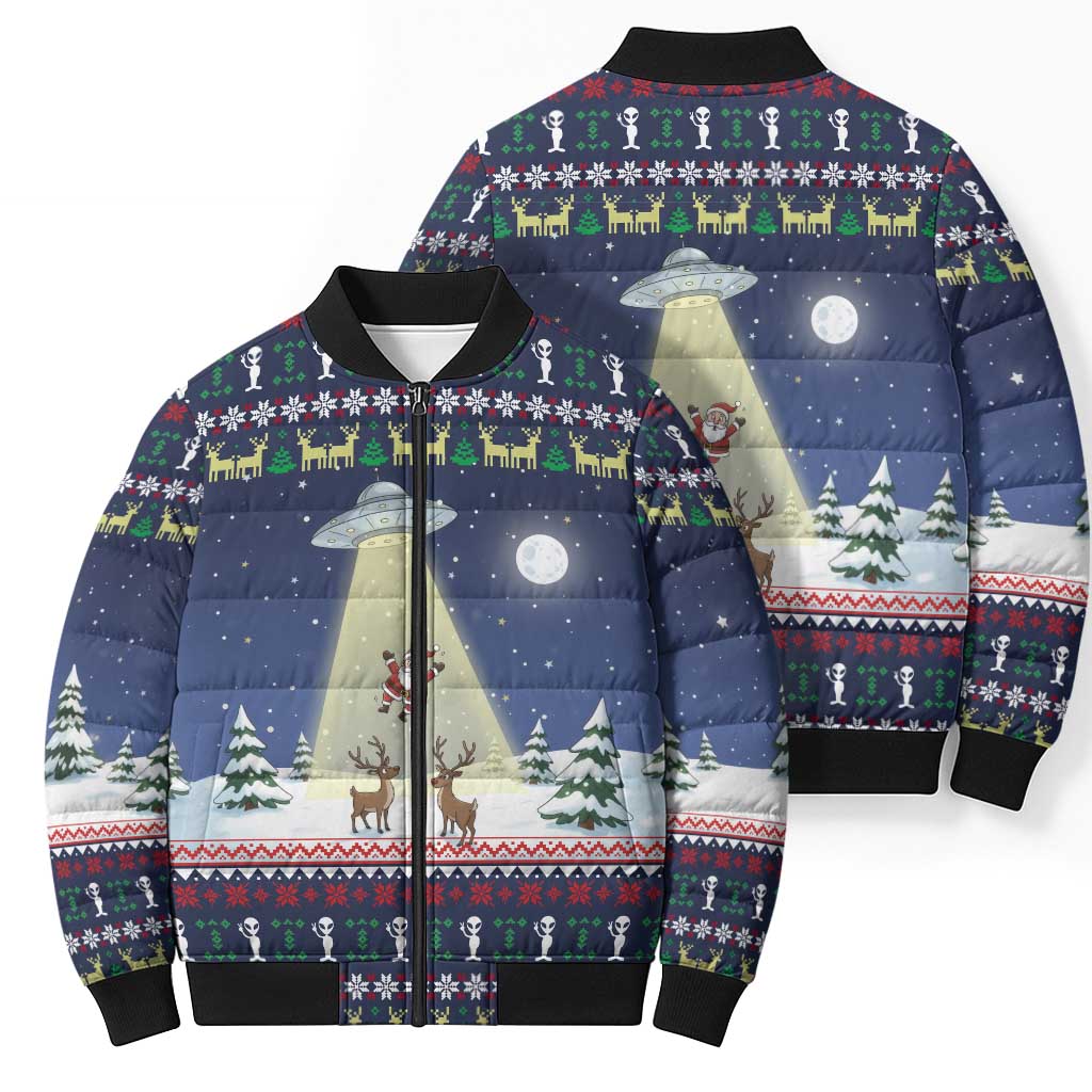Christmas Alien Pattern with UFO Abduction of Santa Reindeer Snowy Forest Bomber Puffer Jacket Xmas Holiday Patterns - Wonder Print Shop