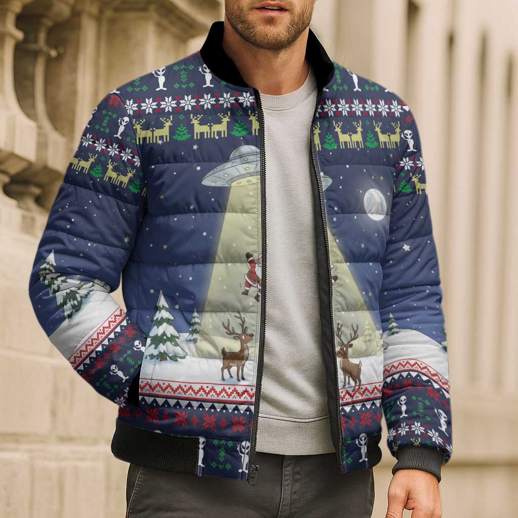 Christmas Alien Pattern with UFO Abduction of Santa Reindeer Snowy Forest Bomber Puffer Jacket Xmas Holiday Patterns - Wonder Print Shop