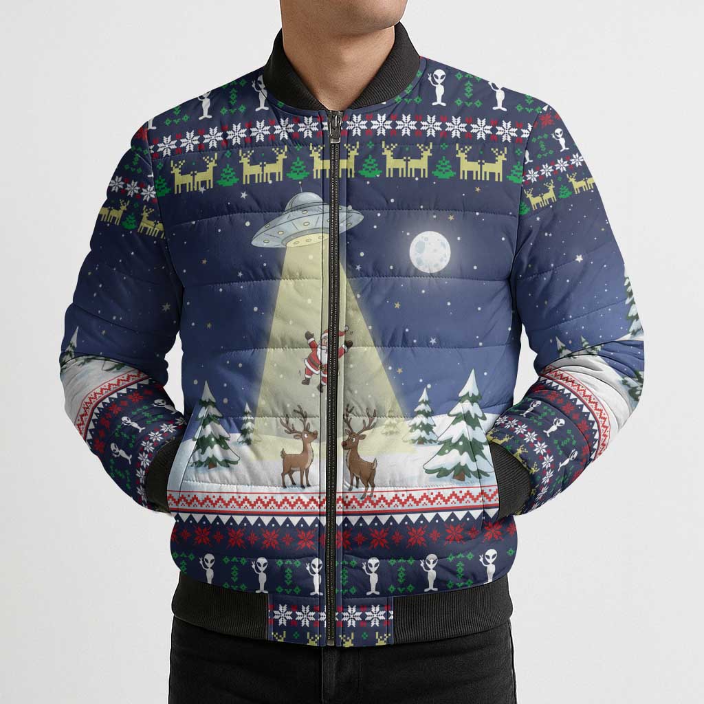 Christmas Alien Pattern with UFO Abduction of Santa Reindeer Snowy Forest Bomber Puffer Jacket Xmas Holiday Patterns - Wonder Print Shop