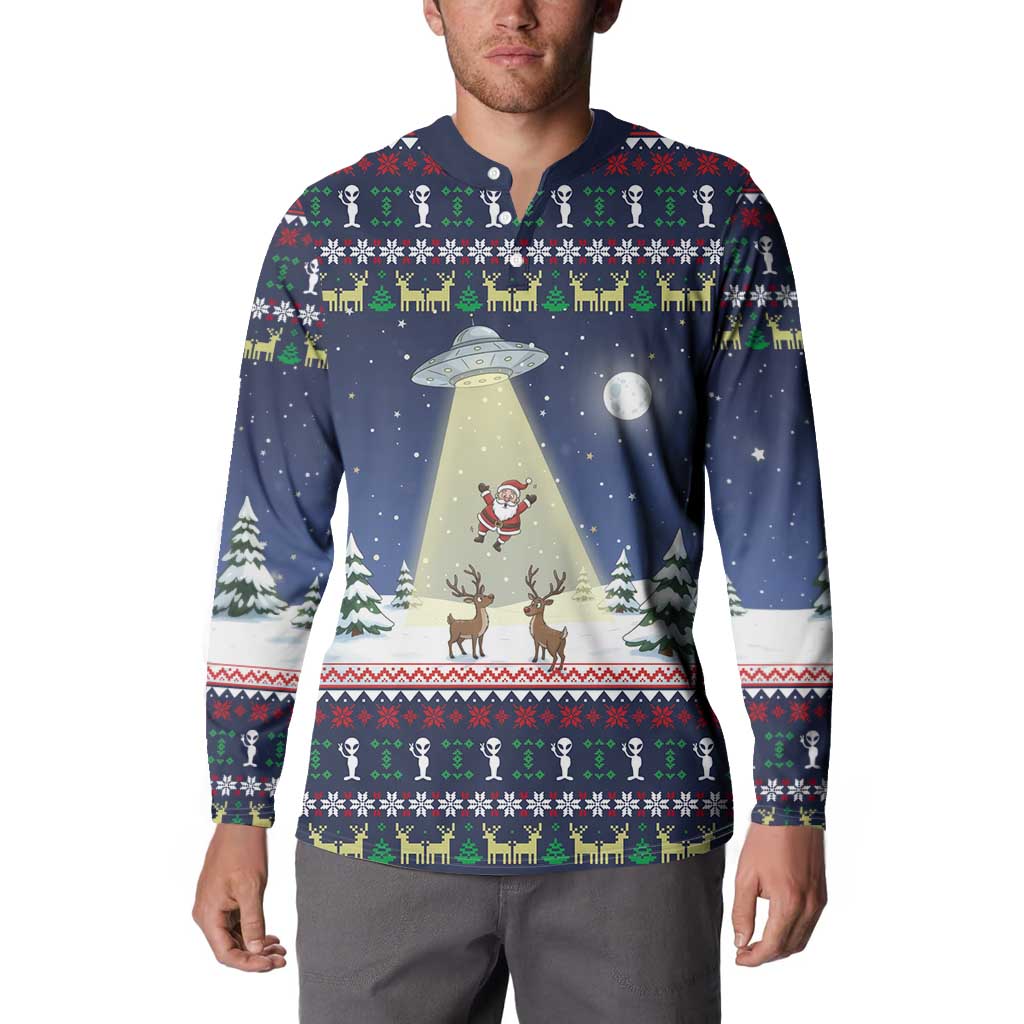 Christmas Alien Pattern with UFO Abduction of Santa Reindeer Snowy Forest Button Sweatshirt Xmas Holiday Patterns - Wonder Print Shop