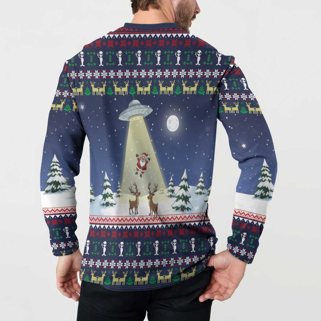 Christmas Alien Pattern with UFO Abduction of Santa Reindeer Snowy Forest Button Sweatshirt Xmas Holiday Patterns - Wonder Print Shop