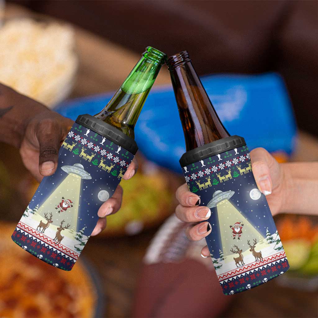 Christmas Alien Pattern with UFO Abduction of Santa Reindeer Snowy Forest 4 in 1 Can Cooler Tumbler Xmas Holiday Patterns - Wonder Print Shop