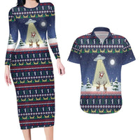 Christmas Alien Pattern with UFO Abduction of Santa Reindeer Snowy Forest Couples Matching Long Sleeve Bodycon Dress and Hawaiian Shirt Xmas Holiday Patterns - Wonder Print Shop