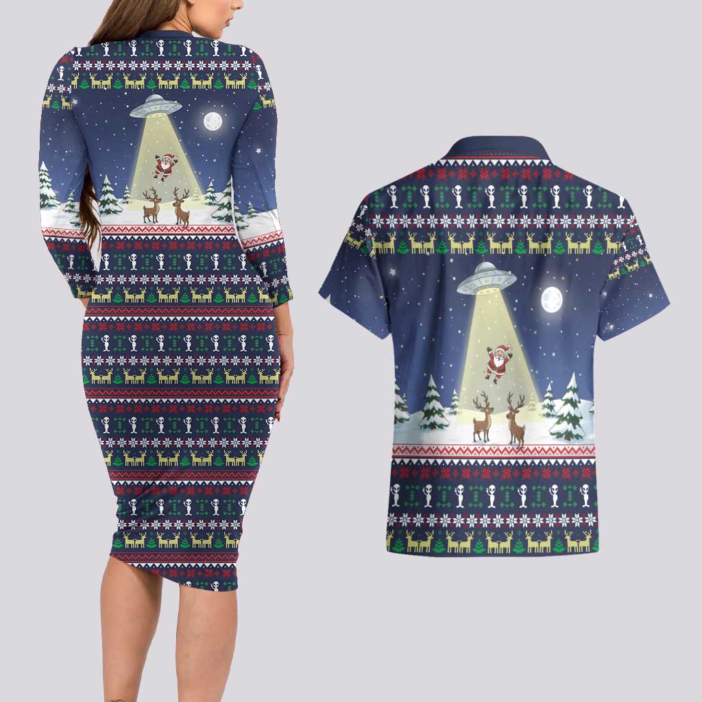 Christmas Alien Pattern with UFO Abduction of Santa Reindeer Snowy Forest Couples Matching Long Sleeve Bodycon Dress and Hawaiian Shirt Xmas Holiday Patterns - Wonder Print Shop