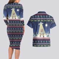 Christmas Alien Pattern with UFO Abduction of Santa Reindeer Snowy Forest Couples Matching Long Sleeve Bodycon Dress and Hawaiian Shirt Xmas Holiday Patterns - Wonder Print Shop