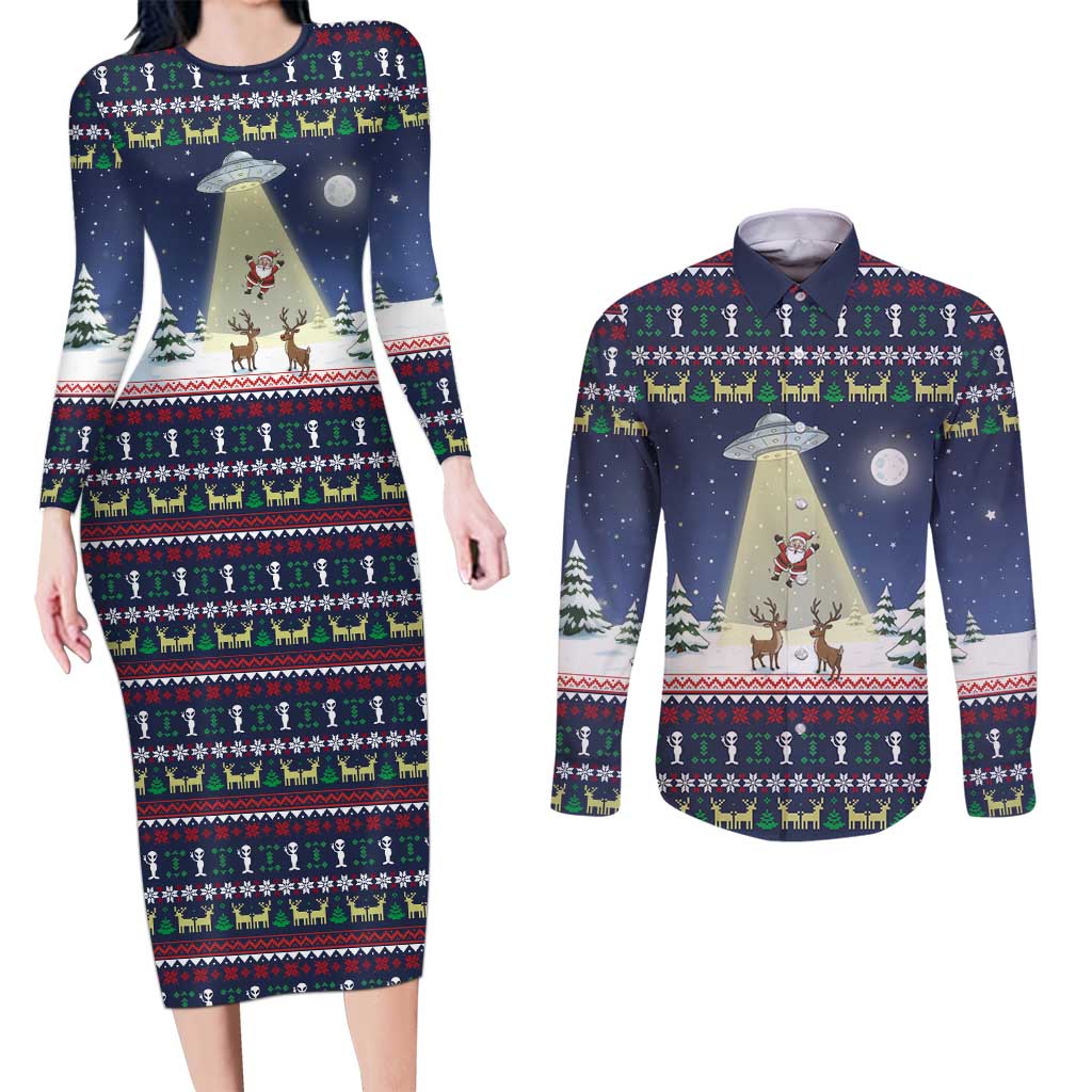 Christmas Alien Pattern with UFO Abduction of Santa Reindeer Snowy Forest Couples Matching Long Sleeve Bodycon Dress and Long Sleeve Button Shirt Xmas Holiday Patterns - Wonder Print Shop
