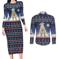 Christmas Alien Pattern with UFO Abduction of Santa Reindeer Snowy Forest Couples Matching Long Sleeve Bodycon Dress and Long Sleeve Button Shirt Xmas Holiday Patterns - Wonder Print Shop