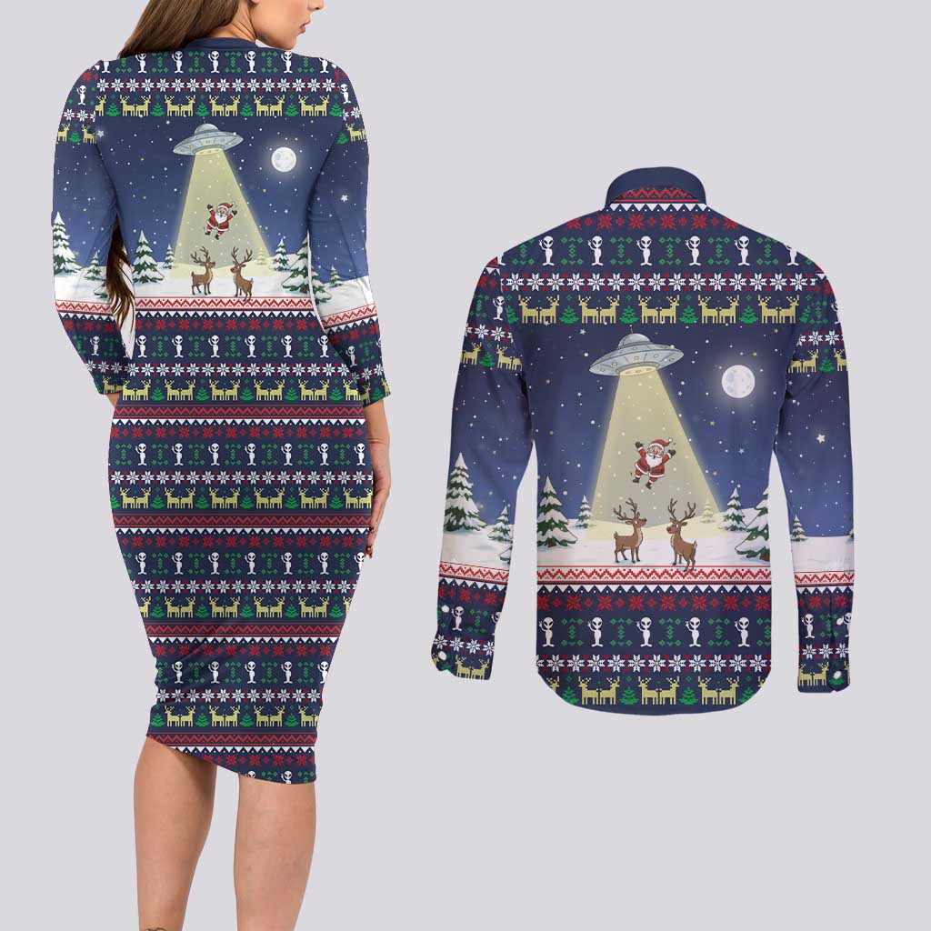 Christmas Alien Pattern with UFO Abduction of Santa Reindeer Snowy Forest Couples Matching Long Sleeve Bodycon Dress and Long Sleeve Button Shirt Xmas Holiday Patterns - Wonder Print Shop