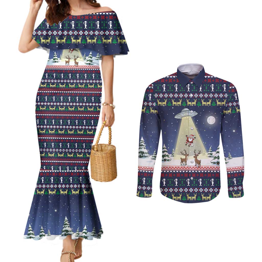 Christmas Alien Pattern with UFO Abduction of Santa Reindeer Snowy Forest Couples Matching Mermaid Dress and Long Sleeve Button Shirt Xmas Holiday Patterns - Wonder Print Shop