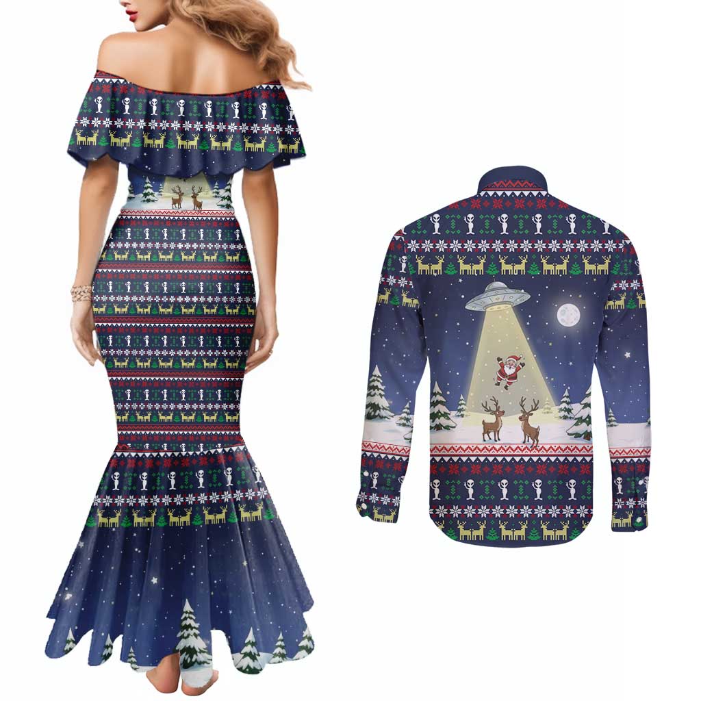 Christmas Alien Pattern with UFO Abduction of Santa Reindeer Snowy Forest Couples Matching Mermaid Dress and Long Sleeve Button Shirt Xmas Holiday Patterns - Wonder Print Shop