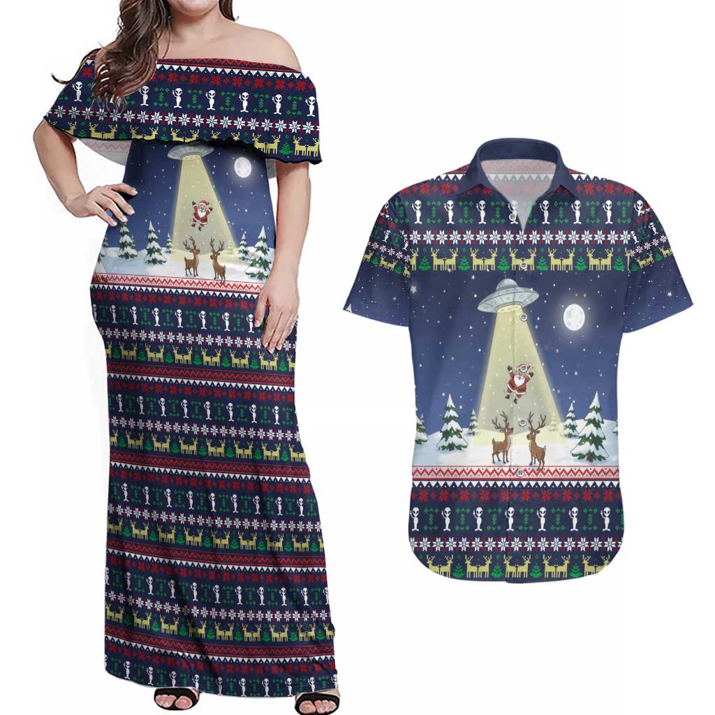 Christmas Alien Pattern with UFO Abduction of Santa Reindeer Snowy Forest Couples Matching Off Shoulder Maxi Dress and Hawaiian Shirt Xmas Holiday Patterns - Wonder Print Shop