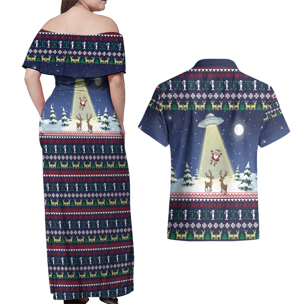 Christmas Alien Pattern with UFO Abduction of Santa Reindeer Snowy Forest Couples Matching Off Shoulder Maxi Dress and Hawaiian Shirt Xmas Holiday Patterns - Wonder Print Shop