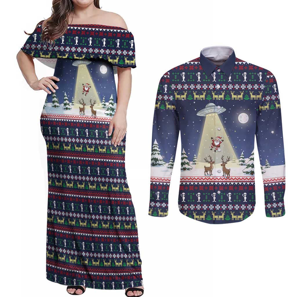 Christmas Alien Pattern with UFO Abduction of Santa Reindeer Snowy Forest Couples Matching Off Shoulder Maxi Dress and Long Sleeve Button Shirt Xmas Holiday Patterns - Wonder Print Shop