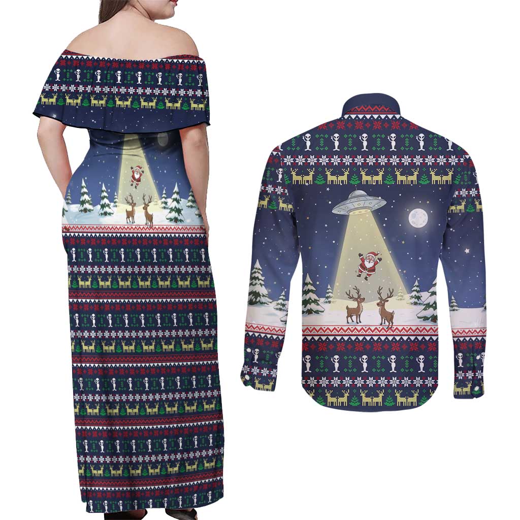Christmas Alien Pattern with UFO Abduction of Santa Reindeer Snowy Forest Couples Matching Off Shoulder Maxi Dress and Long Sleeve Button Shirt Xmas Holiday Patterns - Wonder Print Shop