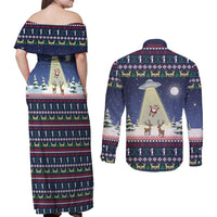 Christmas Alien Pattern with UFO Abduction of Santa Reindeer Snowy Forest Couples Matching Off Shoulder Maxi Dress and Long Sleeve Button Shirt Xmas Holiday Patterns - Wonder Print Shop