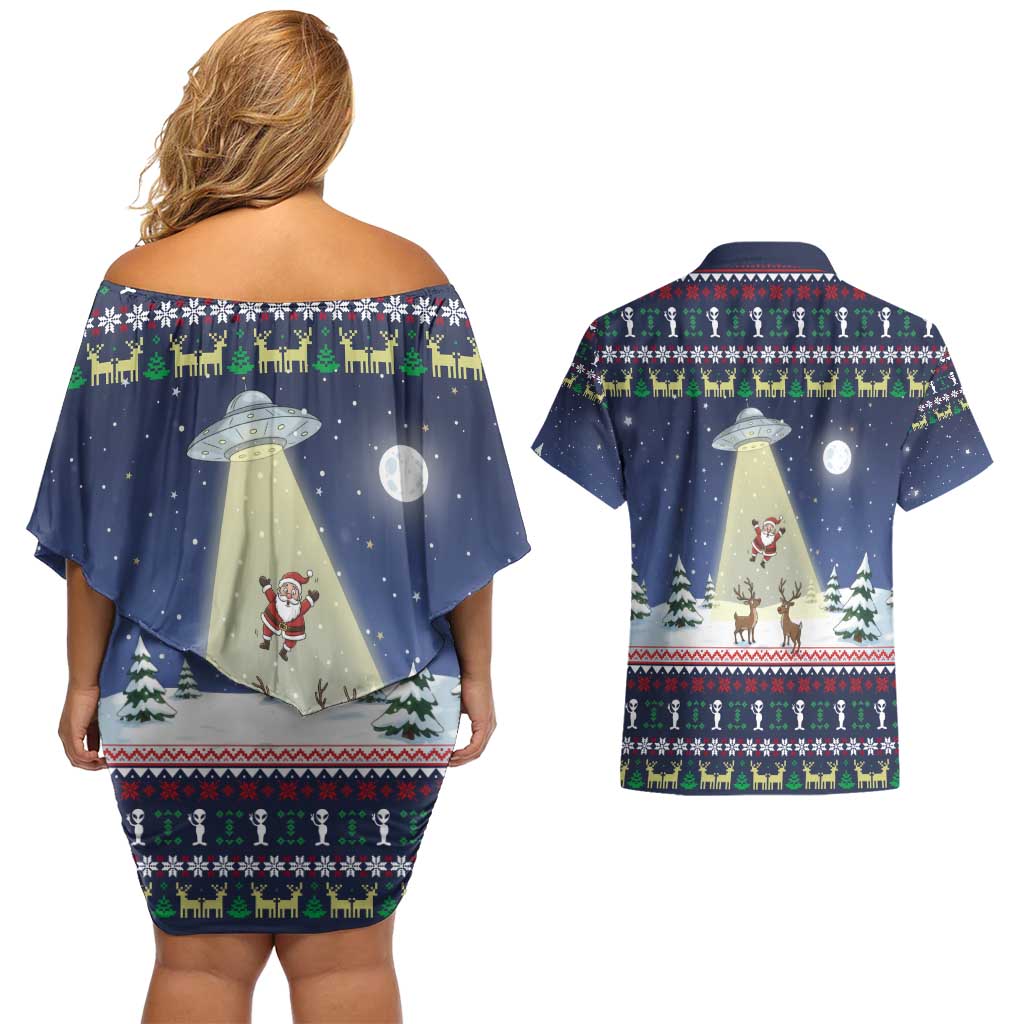 Christmas Alien Pattern with UFO Abduction of Santa Reindeer Snowy Forest Couples Matching Off Shoulder Short Dress and Hawaiian Shirt Xmas Holiday Patterns - Wonder Print Shop