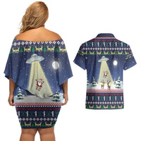 Christmas Alien Pattern with UFO Abduction of Santa Reindeer Snowy Forest Couples Matching Off Shoulder Short Dress and Hawaiian Shirt Xmas Holiday Patterns - Wonder Print Shop