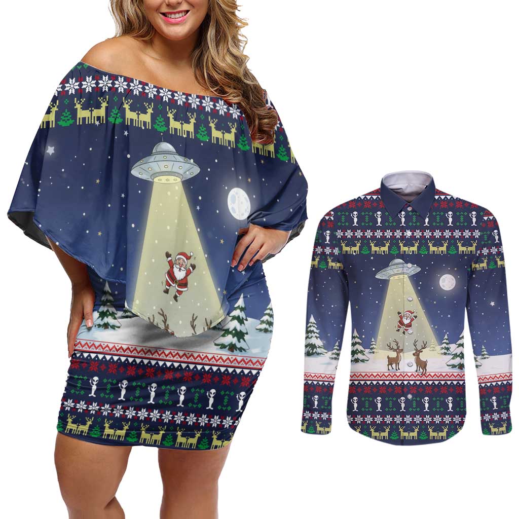 Christmas Alien Pattern with UFO Abduction of Santa Reindeer Snowy Forest Couples Matching Off Shoulder Short Dress and Long Sleeve Button Shirt Xmas Holiday Patterns - Wonder Print Shop