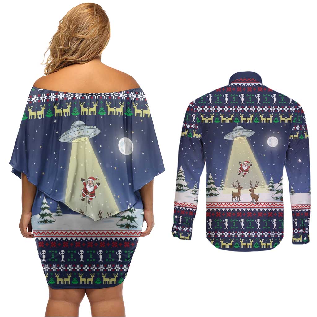 Christmas Alien Pattern with UFO Abduction of Santa Reindeer Snowy Forest Couples Matching Off Shoulder Short Dress and Long Sleeve Button Shirt Xmas Holiday Patterns - Wonder Print Shop