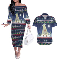 Christmas Alien Pattern with UFO Abduction of Santa Reindeer Snowy Forest Couples Matching Off The Shoulder Long Sleeve Dress and Hawaiian Shirt Xmas Holiday Patterns - Wonder Print Shop