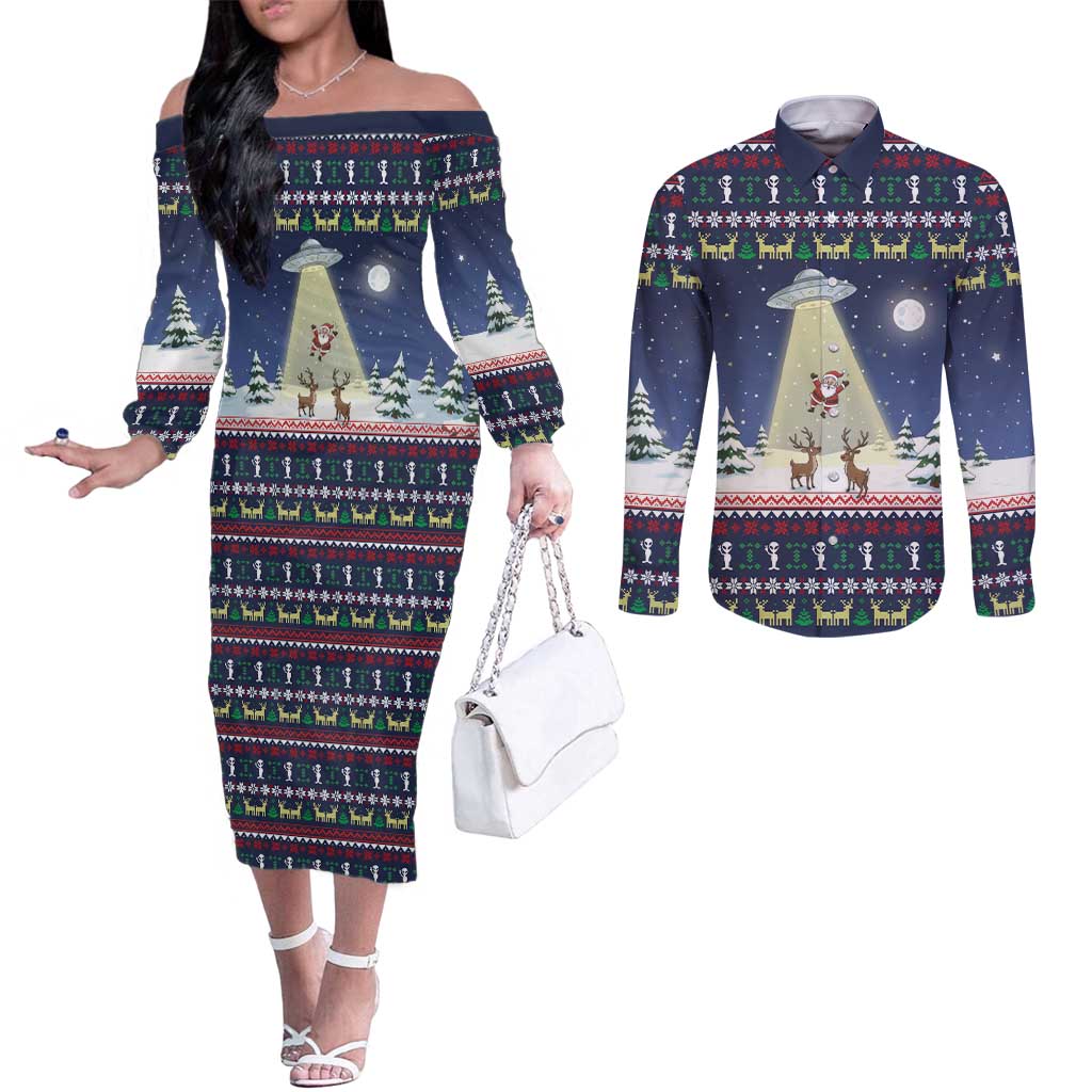 Christmas Alien Pattern with UFO Abduction of Santa Reindeer Snowy Forest Couples Matching Off The Shoulder Long Sleeve Dress and Long Sleeve Button Shirt Xmas Holiday Patterns - Wonder Print Shop