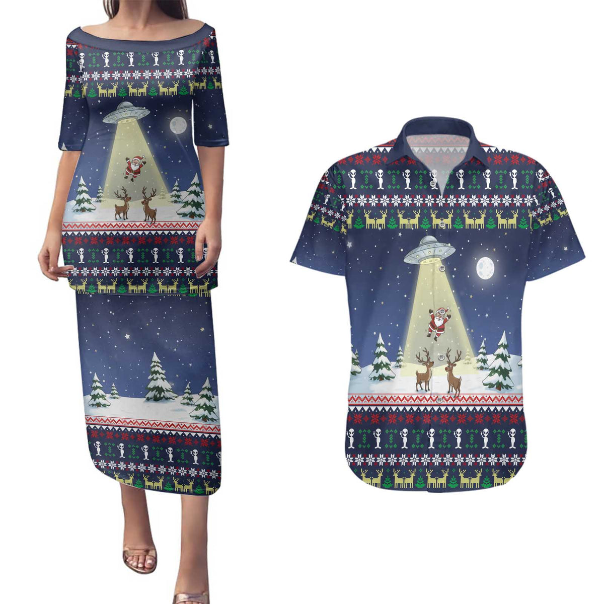 Christmas Alien Pattern with UFO Abduction of Santa Reindeer Snowy Forest Couples Matching Puletasi and Hawaiian Shirt Xmas Holiday Patterns - Wonder Print Shop
