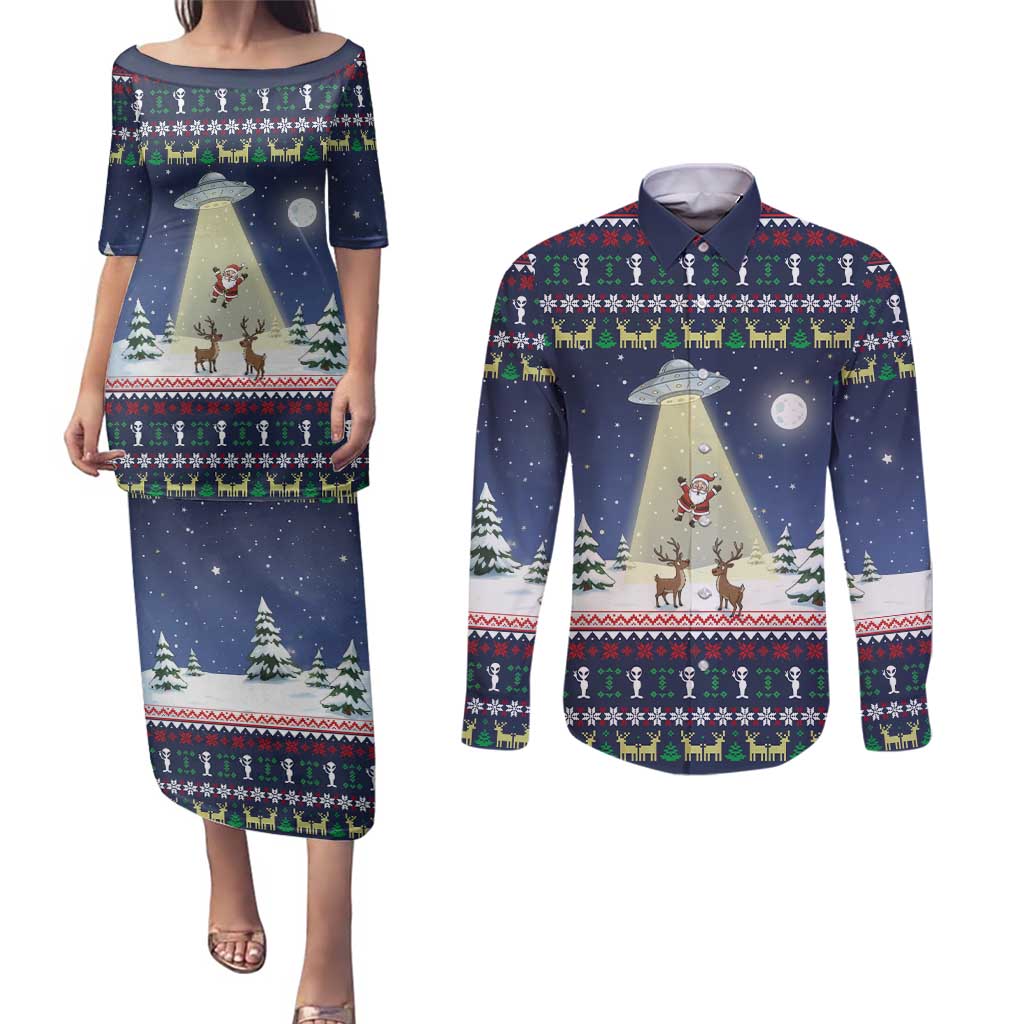 Christmas Alien Pattern with UFO Abduction of Santa Reindeer Snowy Forest Couples Matching Puletasi and Long Sleeve Button Shirt Xmas Holiday Patterns - Wonder Print Shop