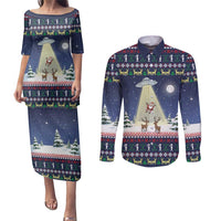 Christmas Alien Pattern with UFO Abduction of Santa Reindeer Snowy Forest Couples Matching Puletasi and Long Sleeve Button Shirt Xmas Holiday Patterns - Wonder Print Shop