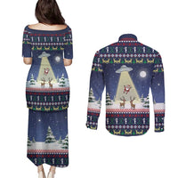 Christmas Alien Pattern with UFO Abduction of Santa Reindeer Snowy Forest Couples Matching Puletasi and Long Sleeve Button Shirt Xmas Holiday Patterns - Wonder Print Shop