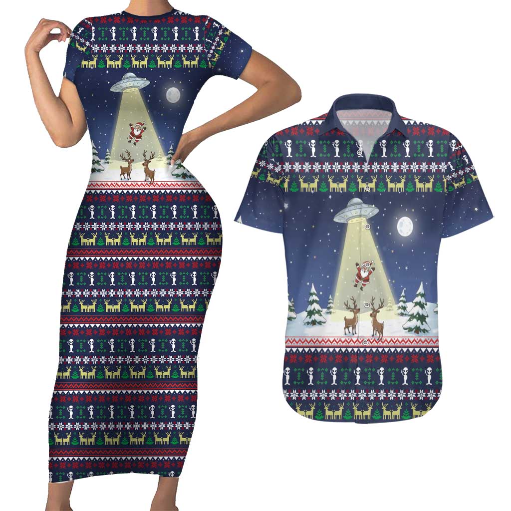Christmas Alien Pattern with UFO Abduction of Santa Reindeer Snowy Forest Couples Matching Short Sleeve Bodycon Dress and Hawaiian Shirt Xmas Holiday Patterns - Wonder Print Shop