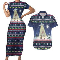 Christmas Alien Pattern with UFO Abduction of Santa Reindeer Snowy Forest Couples Matching Short Sleeve Bodycon Dress and Hawaiian Shirt Xmas Holiday Patterns - Wonder Print Shop