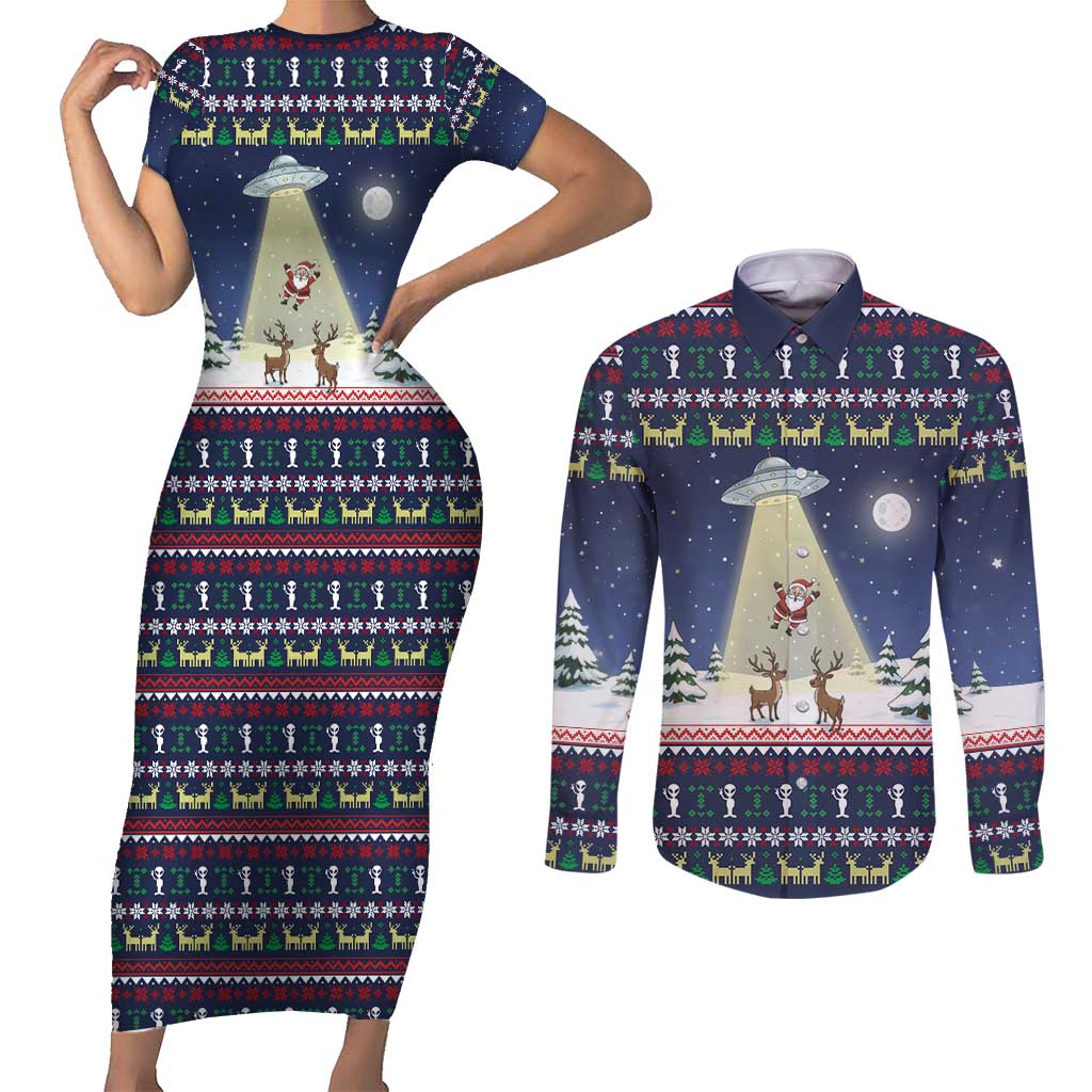 Christmas Alien Pattern with UFO Abduction of Santa Reindeer Snowy Forest Couples Matching Short Sleeve Bodycon Dress and Long Sleeve Button Shirt Xmas Holiday Patterns - Wonder Print Shop