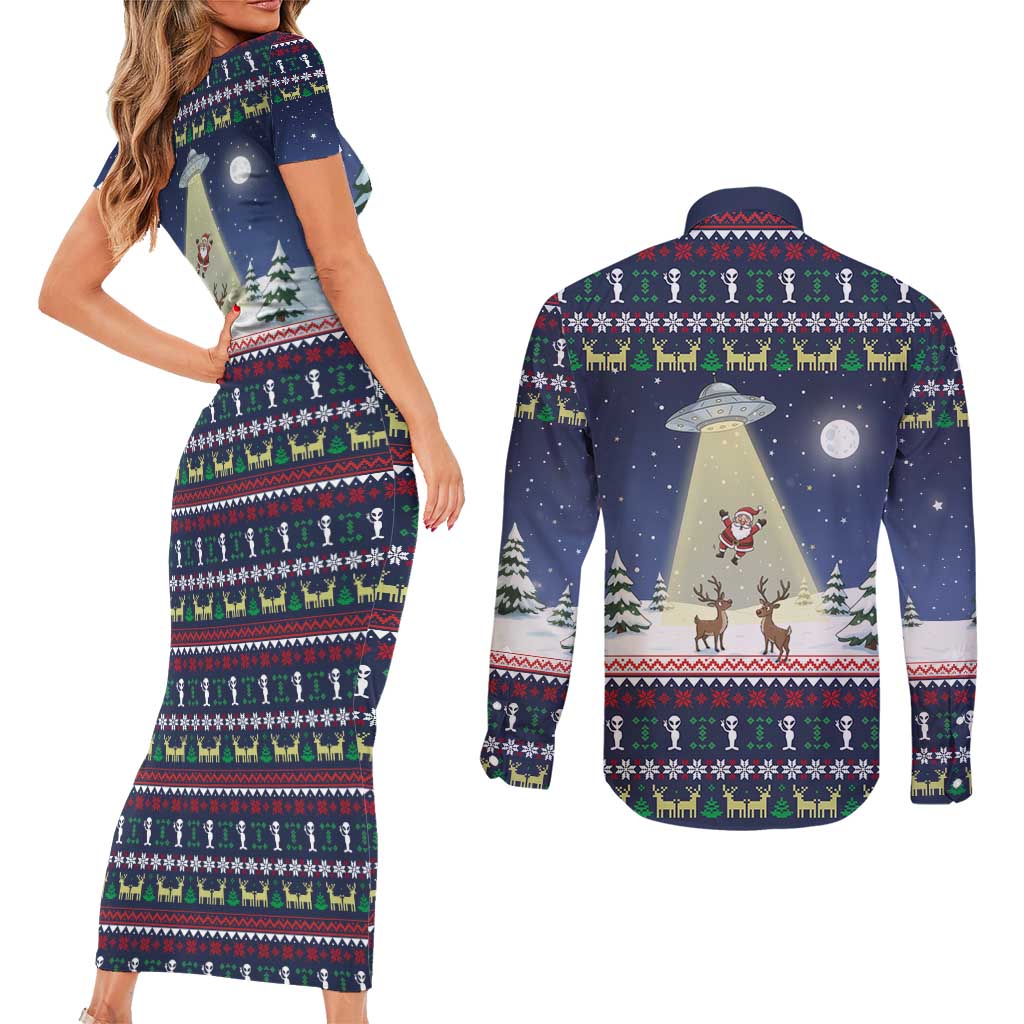 Christmas Alien Pattern with UFO Abduction of Santa Reindeer Snowy Forest Couples Matching Short Sleeve Bodycon Dress and Long Sleeve Button Shirt Xmas Holiday Patterns - Wonder Print Shop
