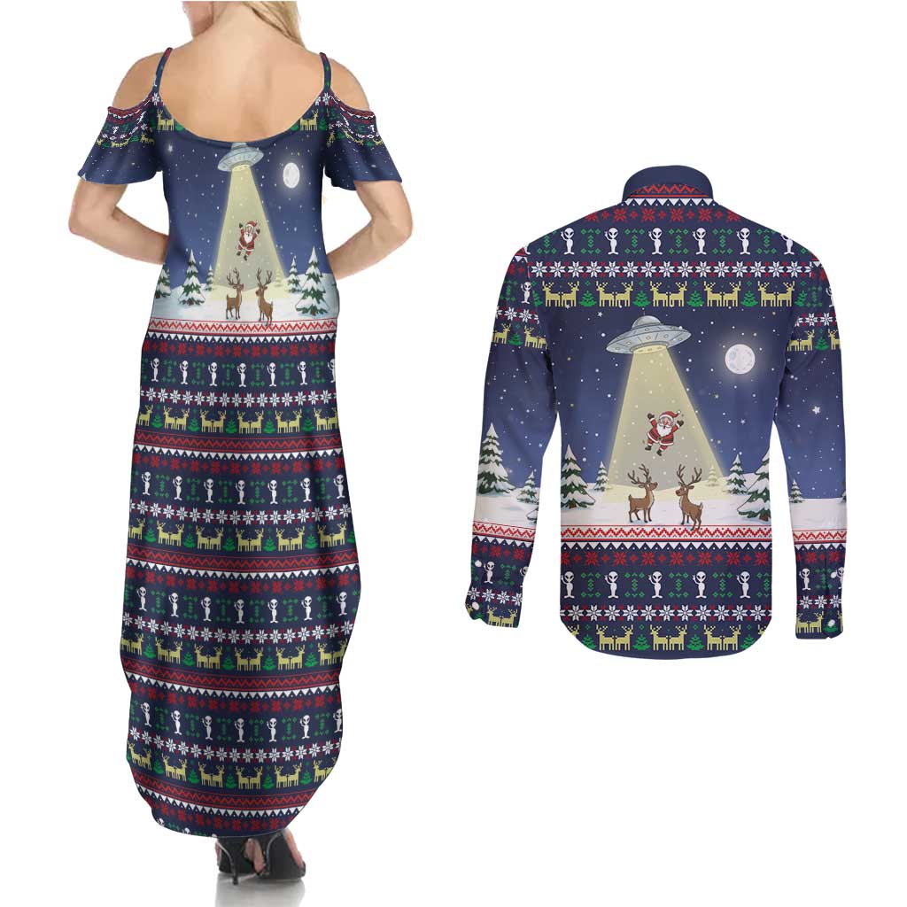 Christmas Alien Pattern with UFO Abduction of Santa Reindeer Snowy Forest Couples Matching Summer Maxi Dress and Long Sleeve Button Shirt Xmas Holiday Patterns - Wonder Print Shop