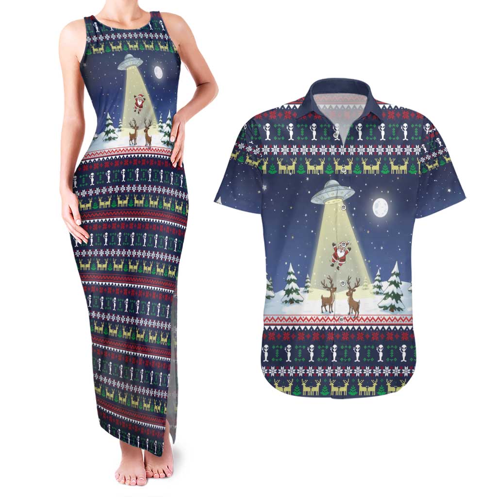 Christmas Alien Pattern with UFO Abduction of Santa Reindeer Snowy Forest Couples Matching Tank Maxi Dress and Hawaiian Shirt Xmas Holiday Patterns - Wonder Print Shop