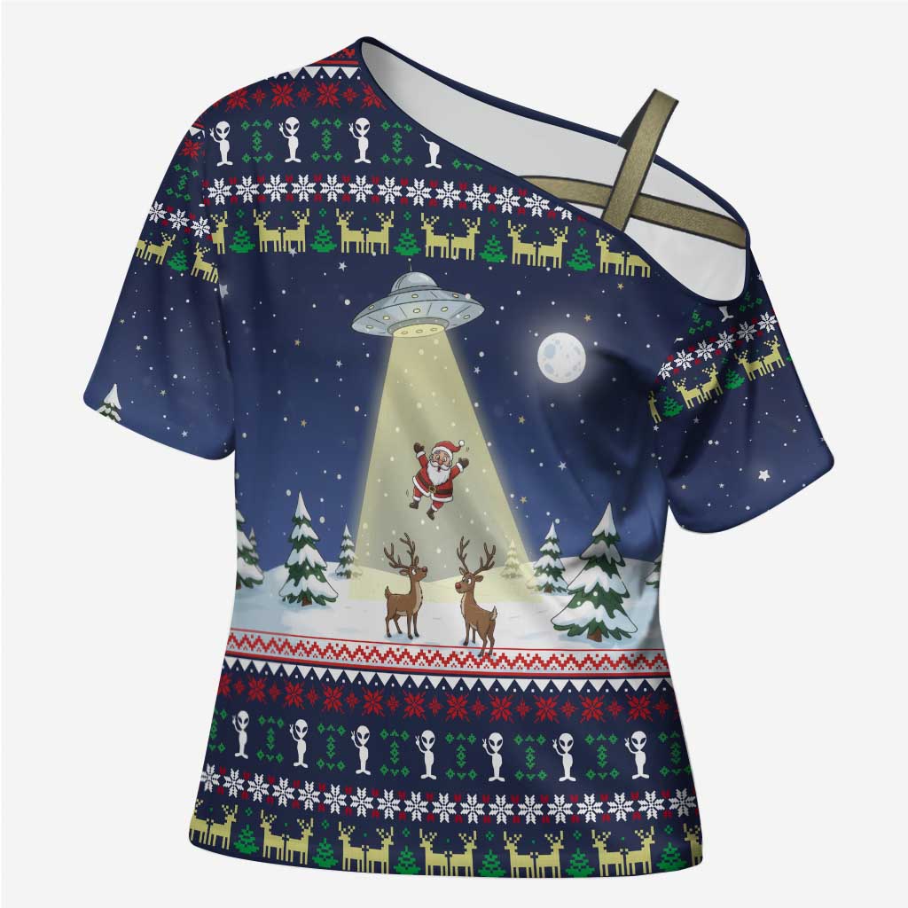 Christmas Alien Pattern with UFO Abduction of Santa Reindeer Snowy Forest Cross Shoulder Shirt Xmas Holiday Patterns - Wonder Print Shop