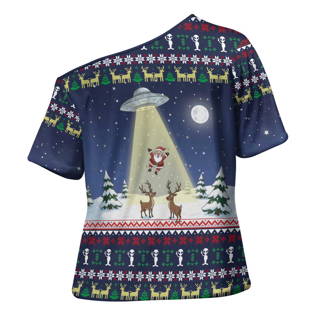 Christmas Alien Pattern with UFO Abduction of Santa Reindeer Snowy Forest Cross Shoulder Shirt Xmas Holiday Patterns - Wonder Print Shop