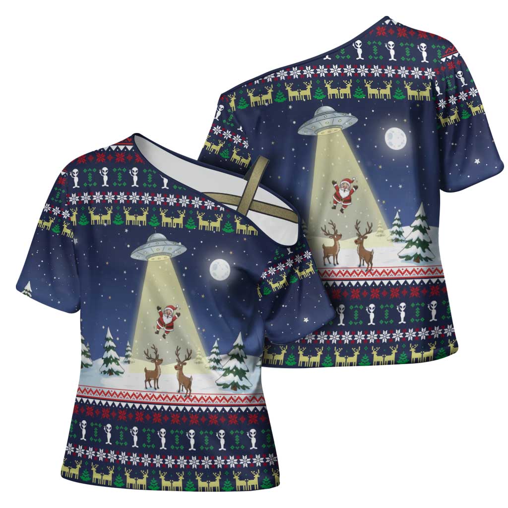 Christmas Alien Pattern with UFO Abduction of Santa Reindeer Snowy Forest Cross Shoulder Shirt Xmas Holiday Patterns - Wonder Print Shop