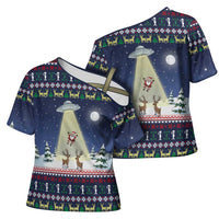 Christmas Alien Pattern with UFO Abduction of Santa Reindeer Snowy Forest Cross Shoulder Shirt Xmas Holiday Patterns - Wonder Print Shop