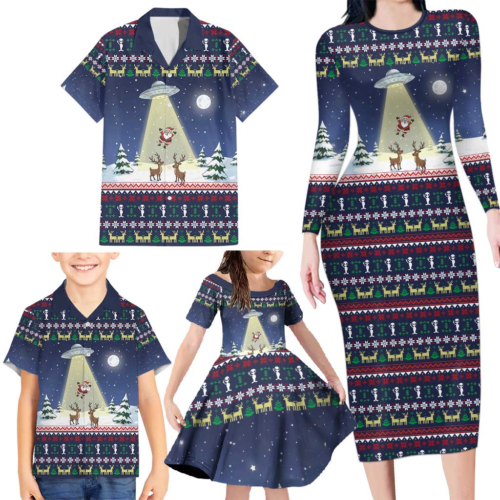 Christmas Alien Pattern with UFO Abduction of Santa Reindeer Snowy Forest Family Matching Long Sleeve Bodycon Dress and Hawaiian Shirt Xmas Holiday Patterns - Wonder Print Shop