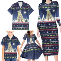 Christmas Alien Pattern with UFO Abduction of Santa Reindeer Snowy Forest Family Matching Long Sleeve Bodycon Dress and Hawaiian Shirt Xmas Holiday Patterns - Wonder Print Shop