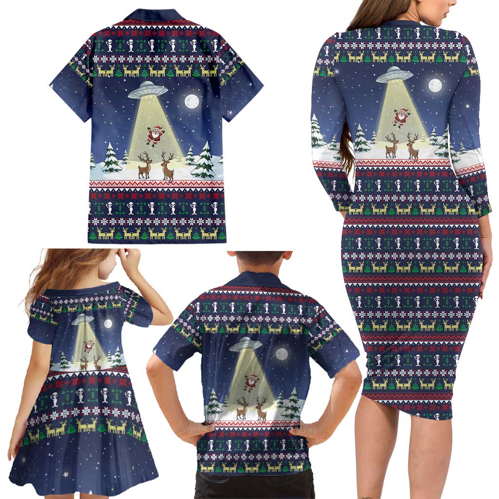 Christmas Alien Pattern with UFO Abduction of Santa Reindeer Snowy Forest Family Matching Long Sleeve Bodycon Dress and Hawaiian Shirt Xmas Holiday Patterns - Wonder Print Shop