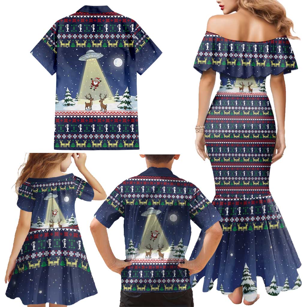 Christmas Alien Pattern with UFO Abduction of Santa Reindeer Snowy Forest Family Matching Mermaid Dress and Hawaiian Shirt Xmas Holiday Patterns - Wonder Print Shop