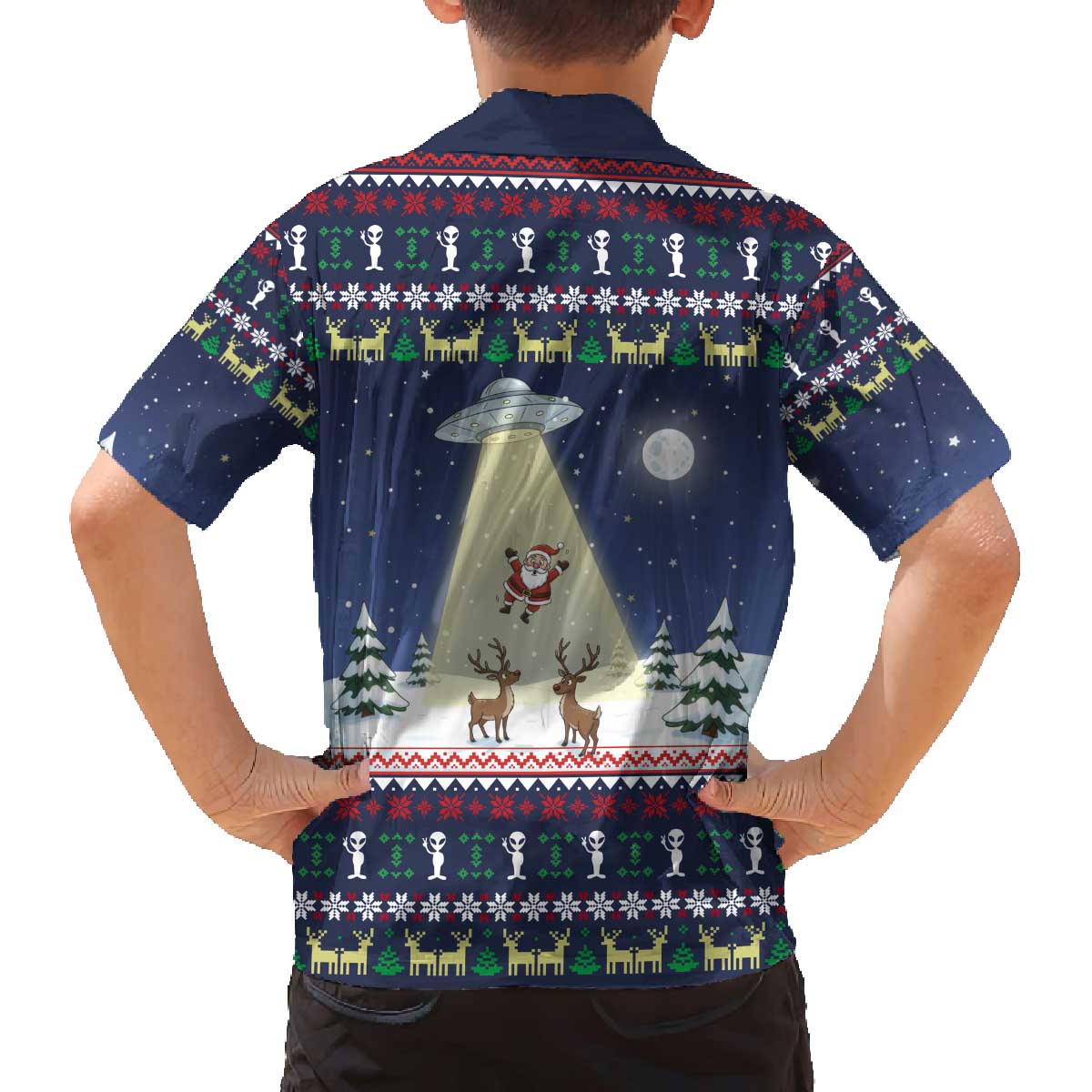Christmas Alien Pattern with UFO Abduction of Santa Reindeer Snowy Forest Family Matching Off The Shoulder Long Sleeve Dress and Hawaiian Shirt Xmas Holiday Patterns - Wonder Print Shop