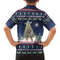 Christmas Alien Pattern with UFO Abduction of Santa Reindeer Snowy Forest Family Matching Off The Shoulder Long Sleeve Dress and Hawaiian Shirt Xmas Holiday Patterns - Wonder Print Shop