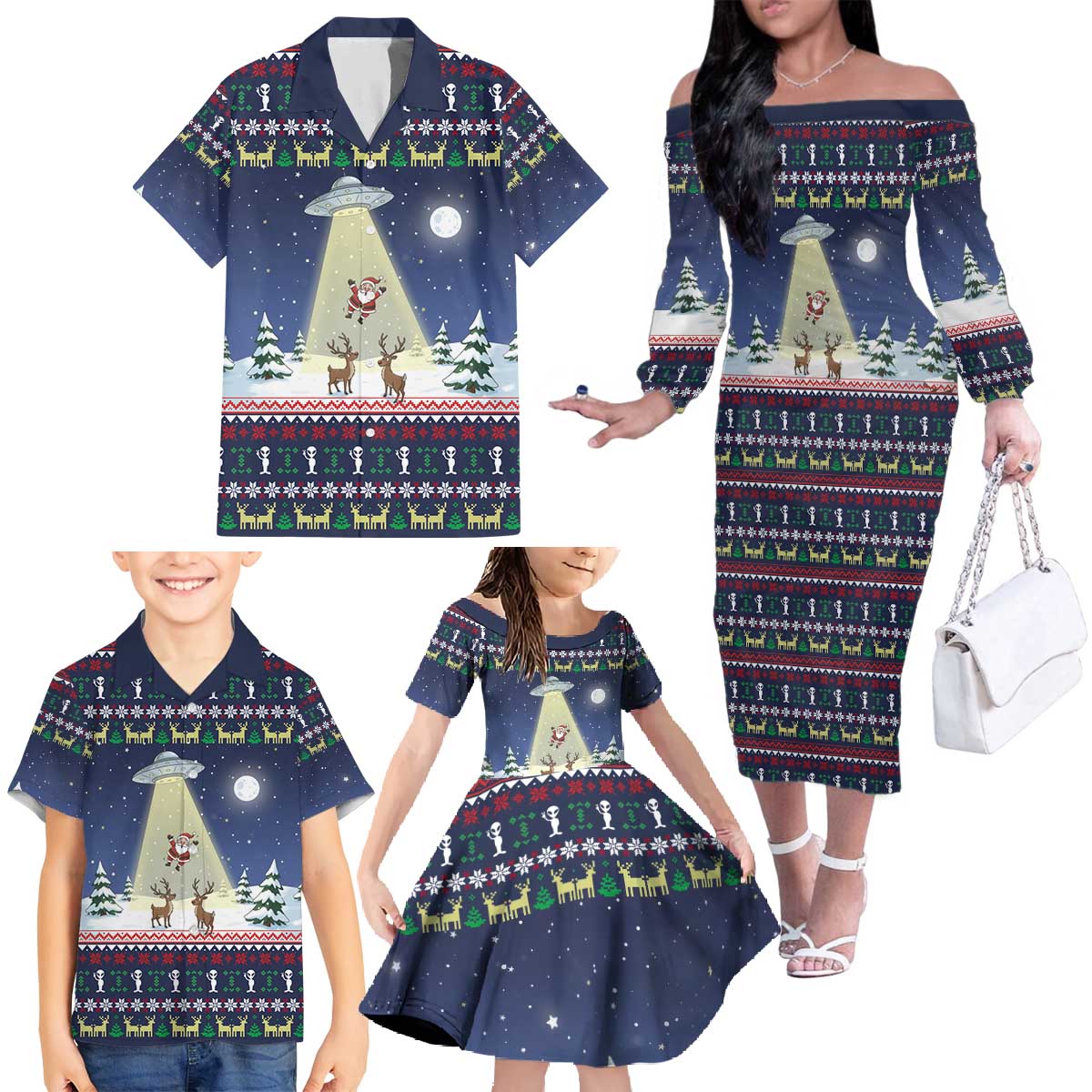 Christmas Alien Pattern with UFO Abduction of Santa Reindeer Snowy Forest Family Matching Off The Shoulder Long Sleeve Dress and Hawaiian Shirt Xmas Holiday Patterns - Wonder Print Shop