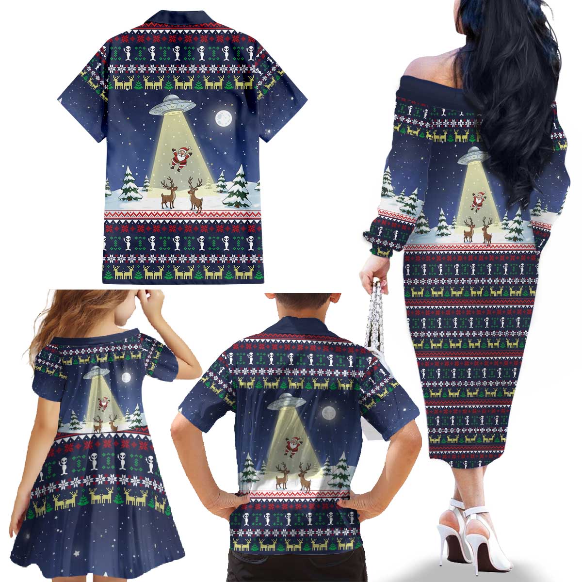 Christmas Alien Pattern with UFO Abduction of Santa Reindeer Snowy Forest Family Matching Off The Shoulder Long Sleeve Dress and Hawaiian Shirt Xmas Holiday Patterns - Wonder Print Shop